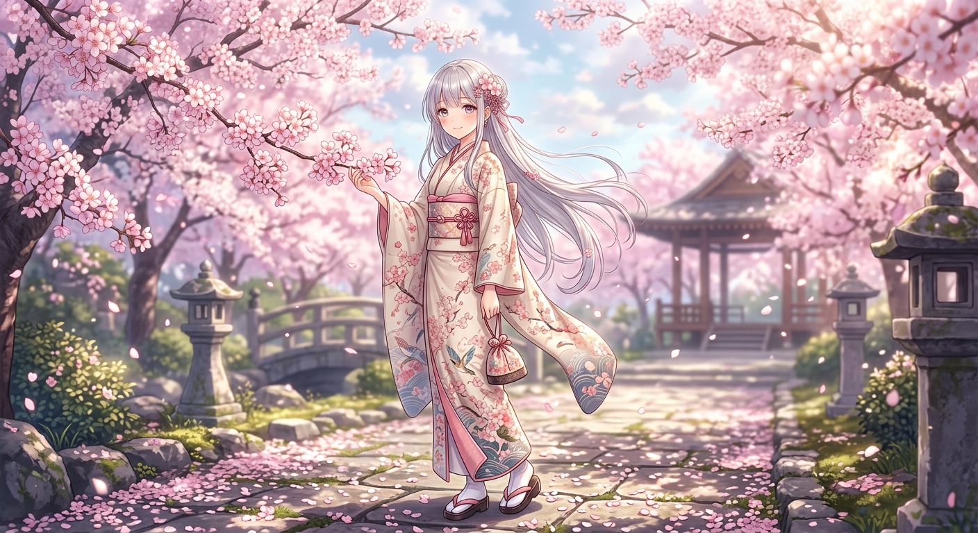Google gemini-3.1-flash-image が生成した、桜咲く日本庭園を歩く銀髪の少女のアニメ風イラスト。東屋や石灯籠を含む横長の全身構図