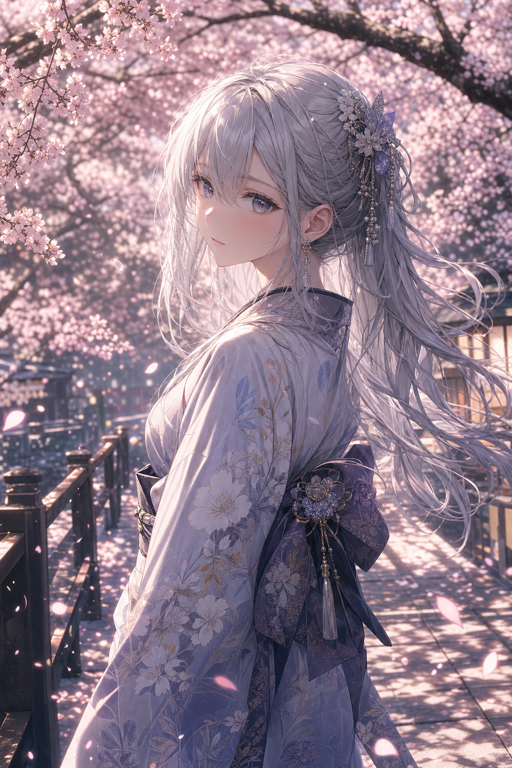 OpenAI gpt-image-2 が生成した、桜の下に立つ銀髪の少女のアニメ風イラスト。着物姿の横顔に寄ったポートレート構図