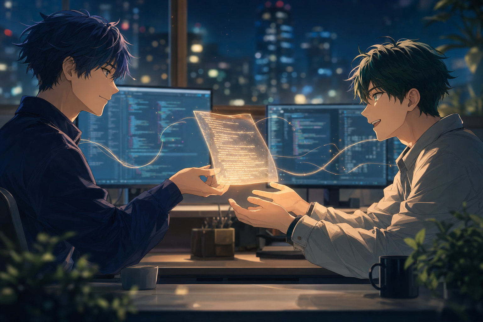 夜のオフィスで、青い髪のエンジニアから緑の髪のエンジニアへ、ソースコードが光る一枚の紙が手渡されるアニメ風イラスト。背後にはターミナルを映した2台のモニターと、窓の外の街明かり