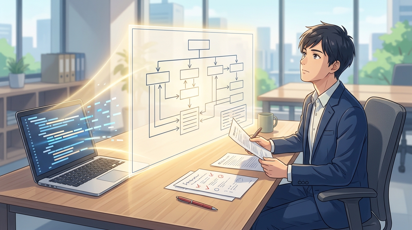 明るいオフィスで、中央に光る設計図(フォルダ階層と矢印が描かれた図面)が浮かび、そこから金色の光が左のノートPCの画面へ流れてコードが整列していく。右側では紺色のスーツを着た若い社員が、赤ペンとチェックの入った資料を手に図面を見上げているイラスト